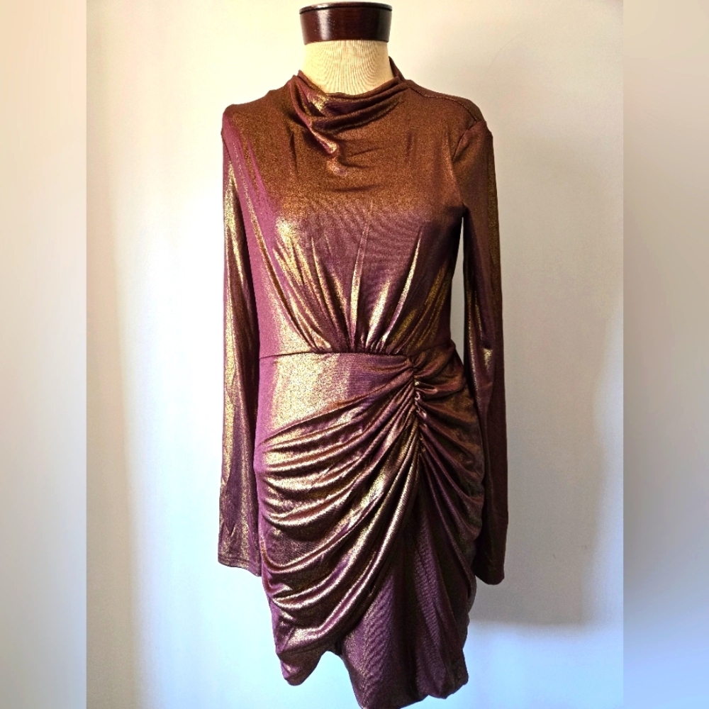 Significant Other Metallic Bronze Long Sleeve Draped Party Dress